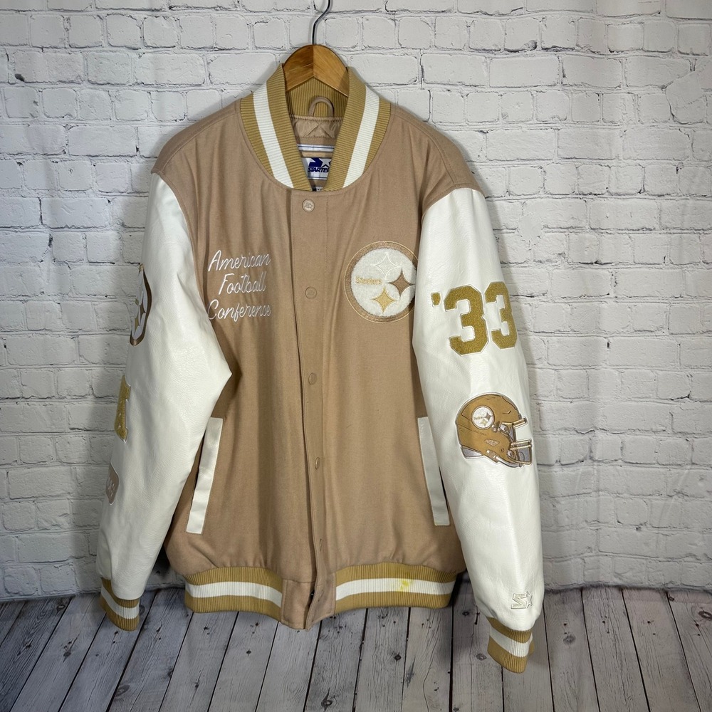 Starter Pittsburgh Steelers Varsity Jacket Mens XL Tan Cream Full Zip Bomber NFL